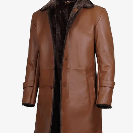 3/4 Length Cognac Brown Shearling Leather Coat