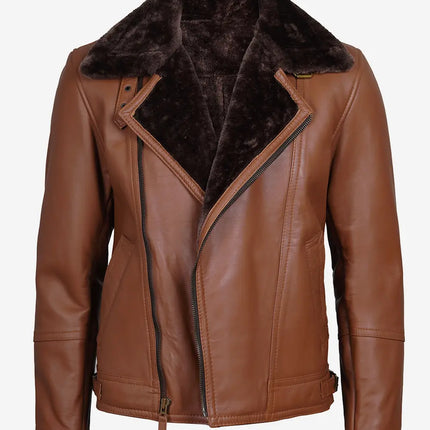 Men's Asymmetrical Zipper Cognac Shearling Leather Jacket with Brown Fur
