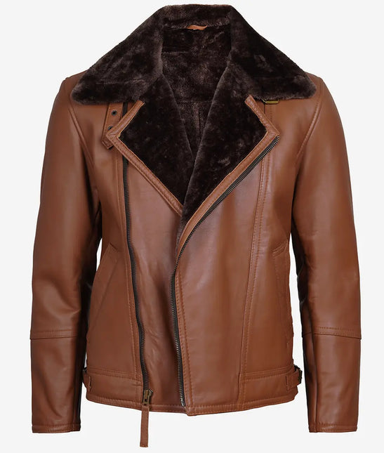 Men's Asymmetrical Zipper Cognac Shearling Leather Jacket with Brown Fur