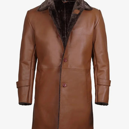3/4 Length Cognac Brown Shearling Leather Coat
