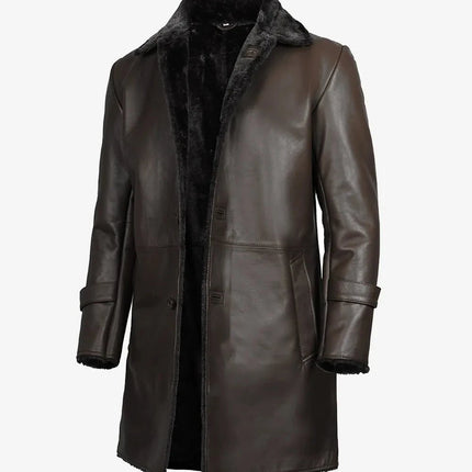 Men's 3/4 Dark Brown Leather Shearling Coat