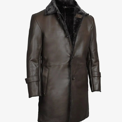 Men's 3/4 Dark Brown Leather Shearling Coat