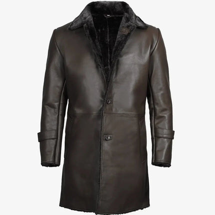 Men's 3/4 Dark Brown Leather Shearling Coat