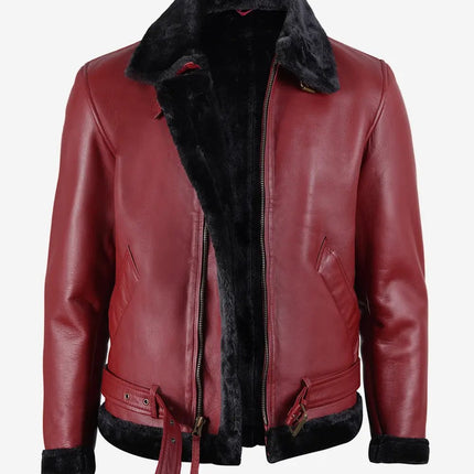 Men's Maroon Motorcycle Style Leather Sherpa Jacket