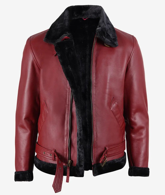 Men's Maroon Motorcycle Style Leather Sherpa Jacket