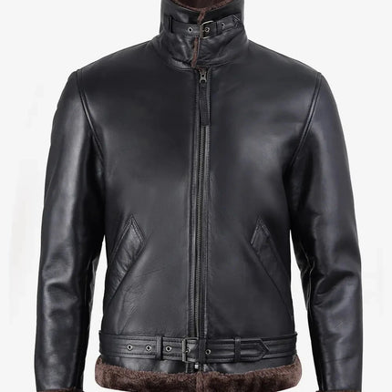 Classic Black Shearling Leather Jacket with Brown Fur