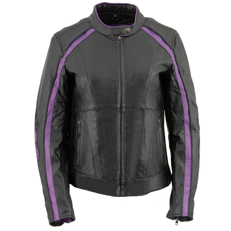 Women's Black & Purple Studded Leather Scooter Jacket