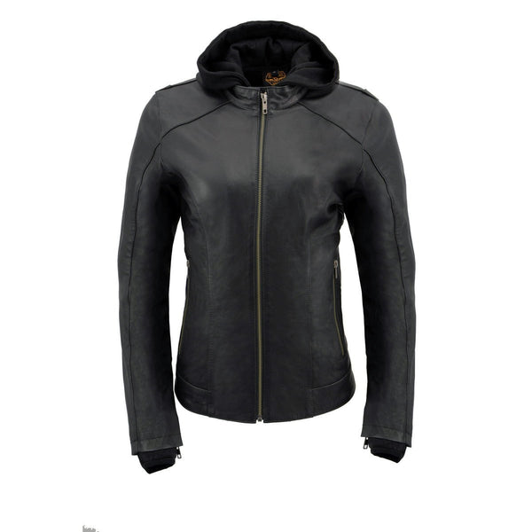Women's Lightweight Black Leather Jacket w/ Removable Hood