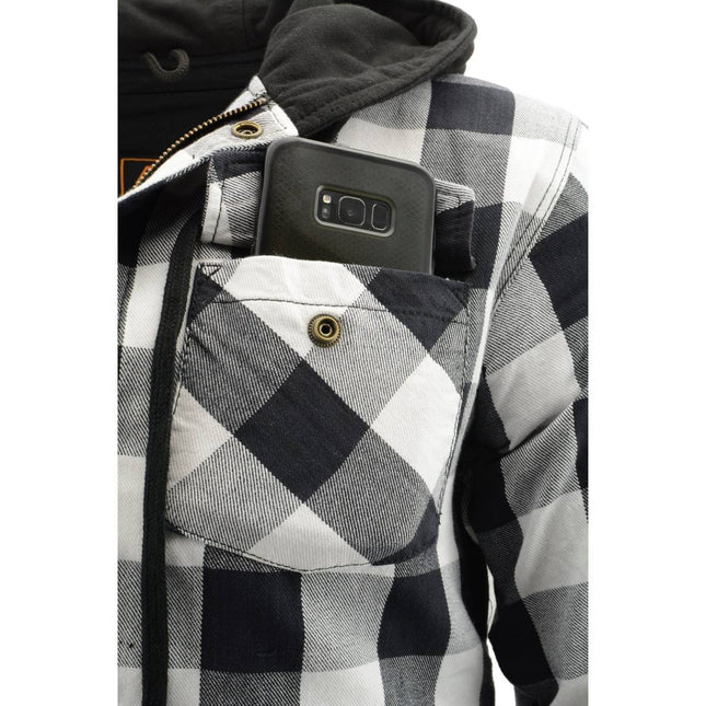 Men's Plaid Hooded Flannel Biker Shirt with Aramid Fibers & CE Approved Armor