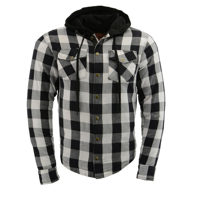 Men's Plaid Hooded Flannel Biker Shirt with Aramid Fibers & CE Approved Armor