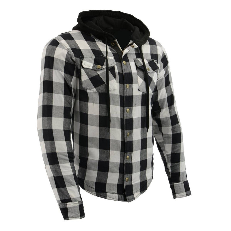 Men's Plaid Hooded Flannel Biker Shirt with Aramid Fibers & CE Approved Armor