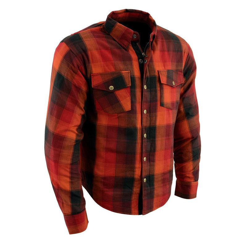 Men's Orange Plaid Flannel Biker Shirt w/ CE Approved Armor