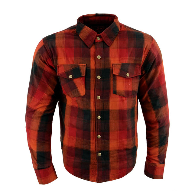 Men's Orange Plaid Flannel Biker Shirt w/ CE Approved Armor