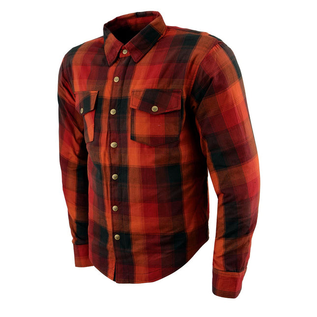 Men's Orange Plaid Flannel Biker Shirt w/ CE Approved Armor