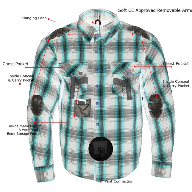 Men's Orange Plaid Flannel Biker Shirt w/ CE Approved Armor