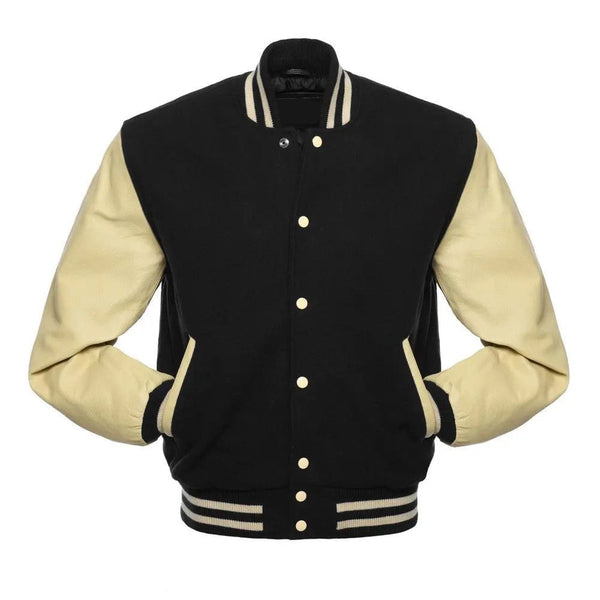 Black Wool Varsity Jacket with Off-White Leather Sleeves