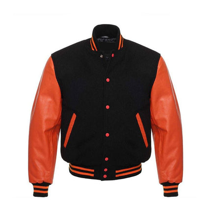 Men's Black Varsity Jacket Leather Sleeves - Orange