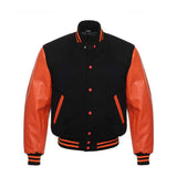 Men's Black Varsity Jacket Leather Sleeves - Orange