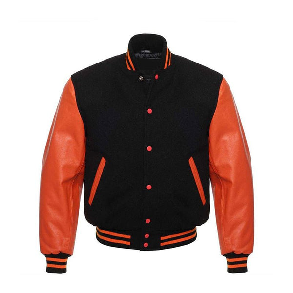 Men's Black Varsity Jacket Leather Sleeves - Orange
