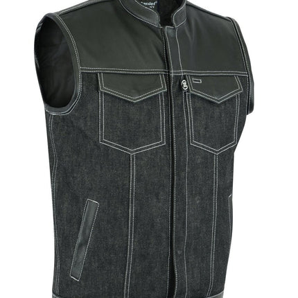 DM Men's Leather-Denim Combo Motorcycle Vest w/ Scoop Collar