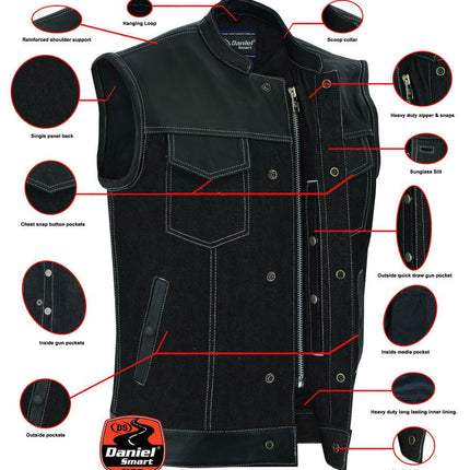 DM Men's Leather-Denim Combo Motorcycle Vest w/ Scoop Collar