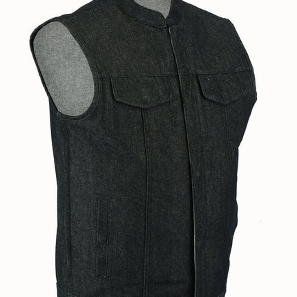 DM Men's Rough Rub-Off Raw Finish Motorcycle Denim Vest - Black