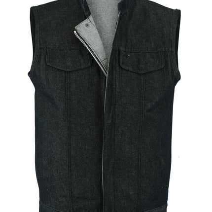 DM Men's Rough Rub-Off Raw Finish Motorcycle Denim Vest - Black