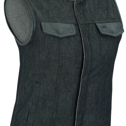 Women's Rough Rub-Off Raw Finish Denim Vest W/Leather Trim