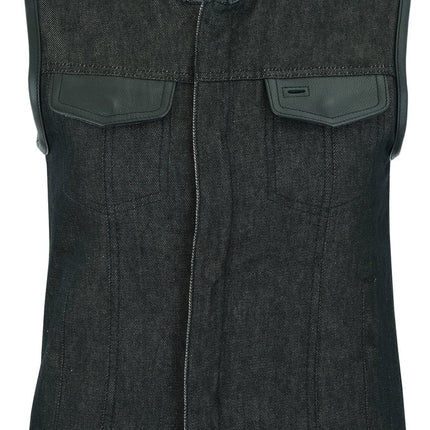Women's Rough Rub-Off Raw Finish Denim Vest W/Leather Trim