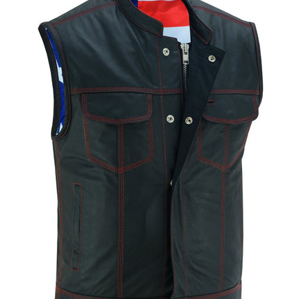 Mens's Leather Motorcycle Vest with Scoop Collar & USA Flag