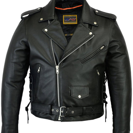 Men's Classic Side Lace Police Black Leather Motorcycle Jacket