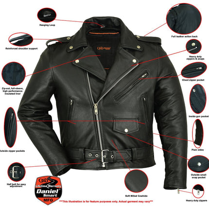 Men's Classic Plain Side Police Style Motorcycle Jacket - Black