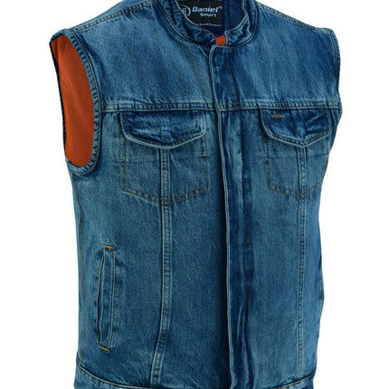 DM Men's Blue Denim Motorcycle Vest with Lace & Pockets