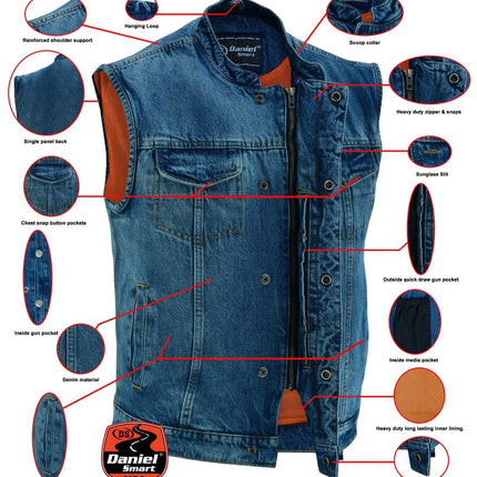 DM Men's Blue Denim Motorcycle Vest with Lace & Pockets