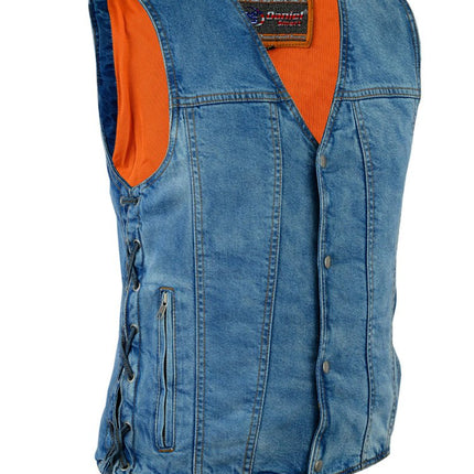 DM Men's Blue Denim Motorcycle Vest with Lace & Pockets