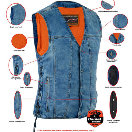 DM Men's Blue Denim Motorcycle Vest with Lace & Pockets