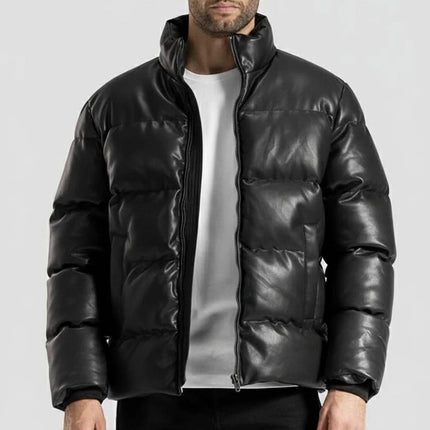 Mens Stand Collar Black Leather Puffer Jacket