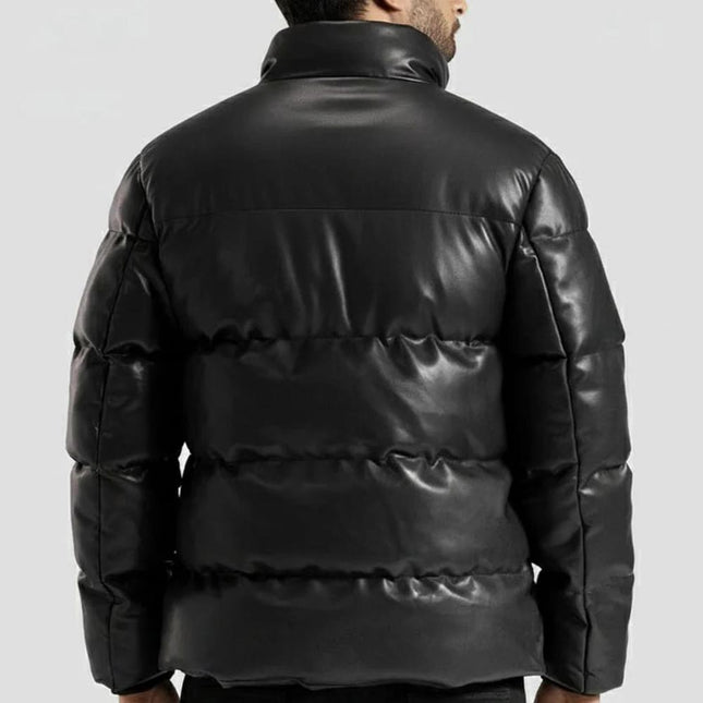 Mens Stand Collar Black Leather Puffer Jacket - MARA Leather