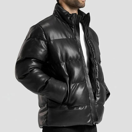 Mens Stand Collar Black Leather Puffer Jacket