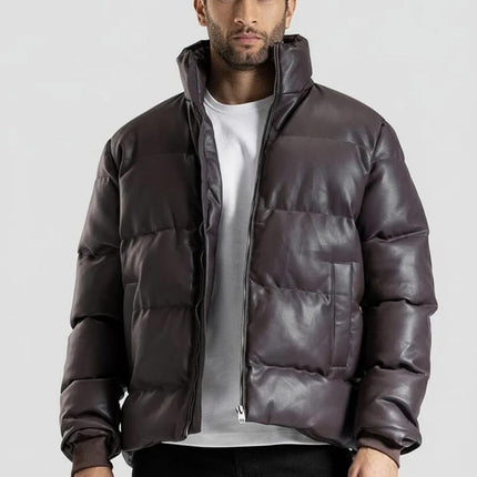 Mens Stand Collar Brown Leather Puffer Jacket