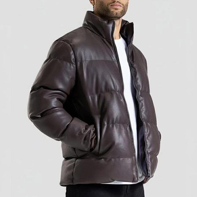 Mens Stand Collar Brown Leather Puffer Jacket - MARA Leather