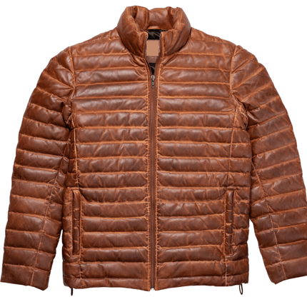 Cognac Leather Puffer Jacket Mens