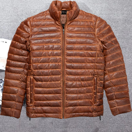 Cognac Leather Puffer Jacket Mens