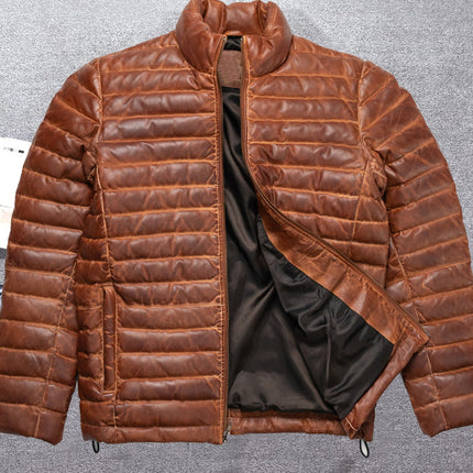Cognac Leather Puffer Jacket Mens
