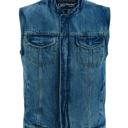 DM Men's Blue Denim Motorcycle Vest with Lace & Pockets