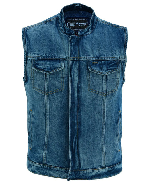 DM Men's Blue Denim Motorcycle Vest with Lace & Pockets