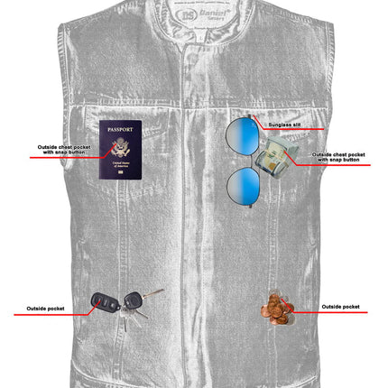 DM Men's Blue Denim Motorcycle Vest with Lace & Pockets