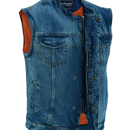 DM Men's Blue Denim Motorcycle Vest with Lace & Pockets