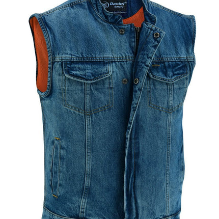 DM Men's Blue Denim Motorcycle Vest with Lace & Pockets