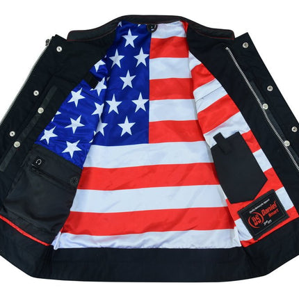 Mens's Leather Motorcycle Vest with Scoop Collar & USA Flag